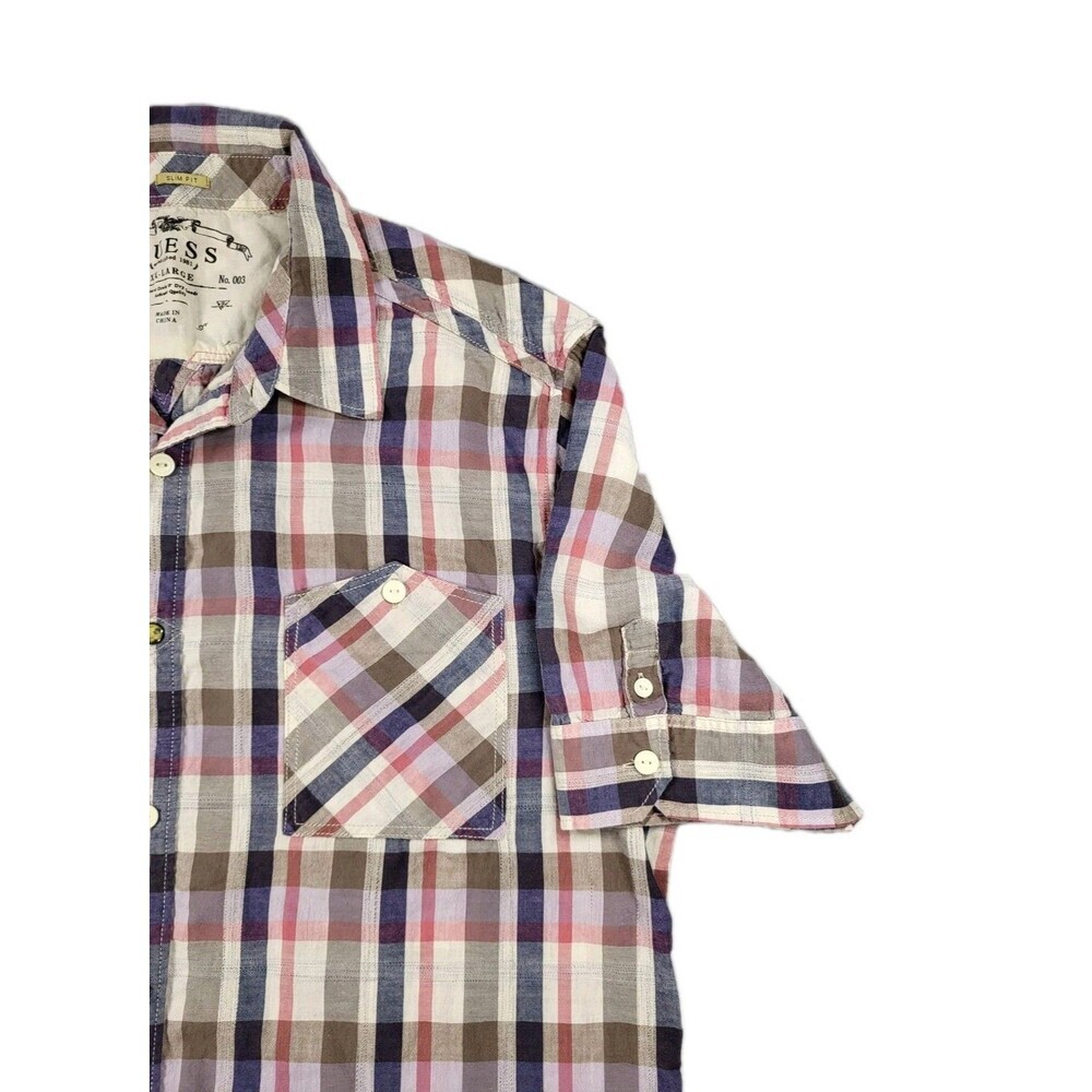 GUESS Men's Slim Fit Short Sleeve Plaid Shirt - Multicolor (Blue/Pink/Gray) - Picture 7 of 14